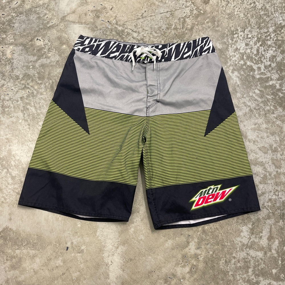 Mtn Dew Mens Board Shorts Size 34 Black Neon Yellow Striped Swim Trunks